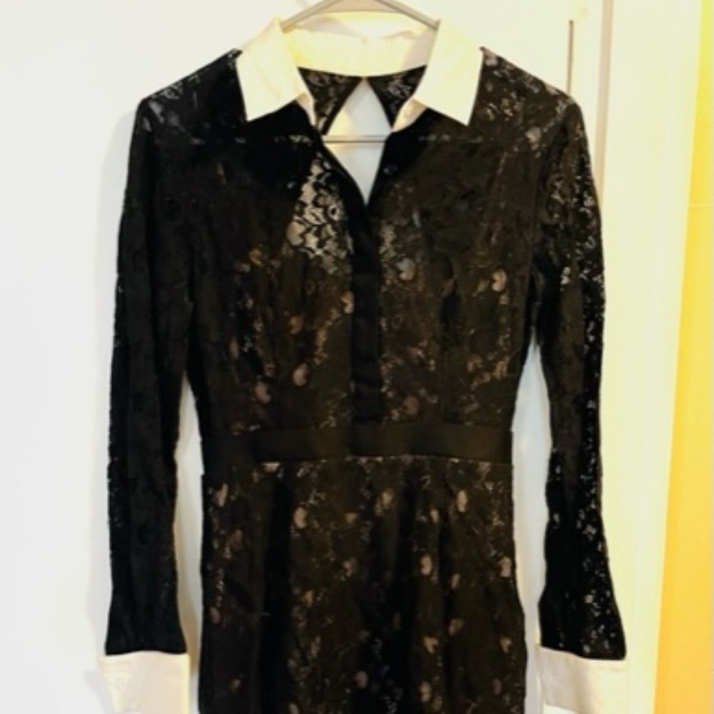 BcbgMaxAzria Black Lace dress with white collar and cut out